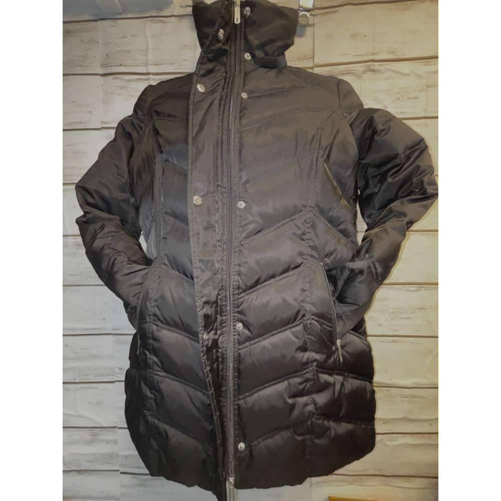 Size L Womens Black Kenneth Cole Down Filled Puffer Coat Pockets No Hood 32" Lng